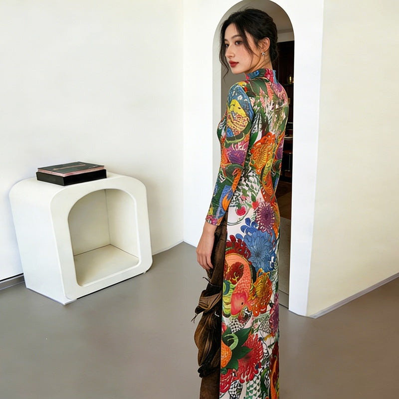 Bedrucktes Langarm-Kleid mit Stehkragen & hohem Schlitz – Bild 4 | LuxeStyle