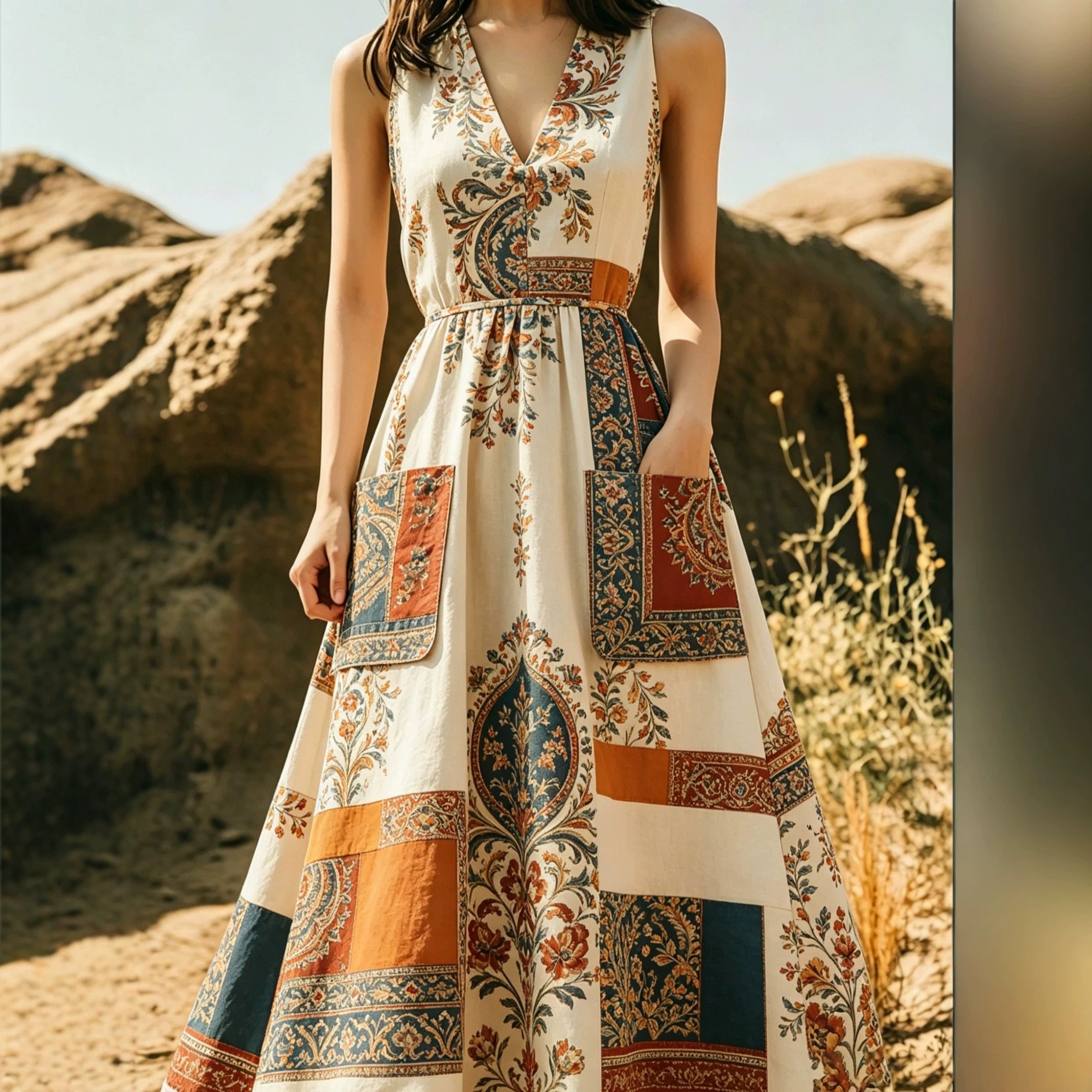 Figurbetontes A-Linien Maxikleid mit V-Ausschnitt