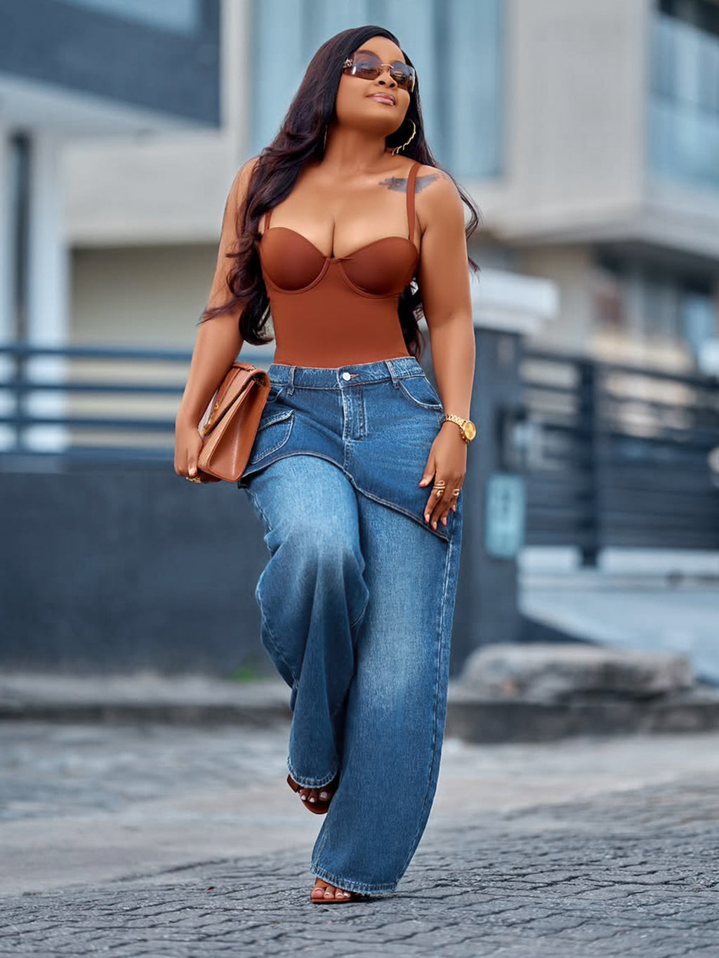Retro Faux Two-piece Wide-leg Jeans