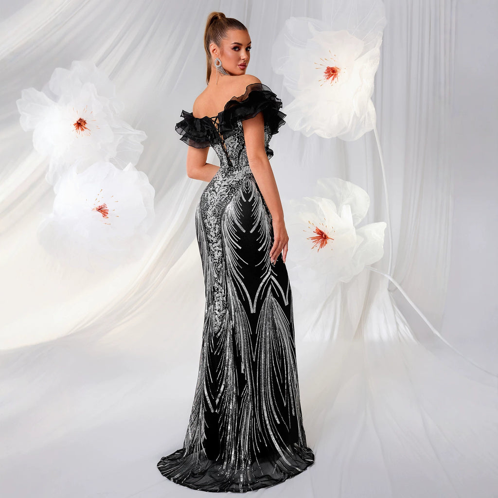 Elegantes Off-Shoulder Fishtail-Kleid mit Rüschen