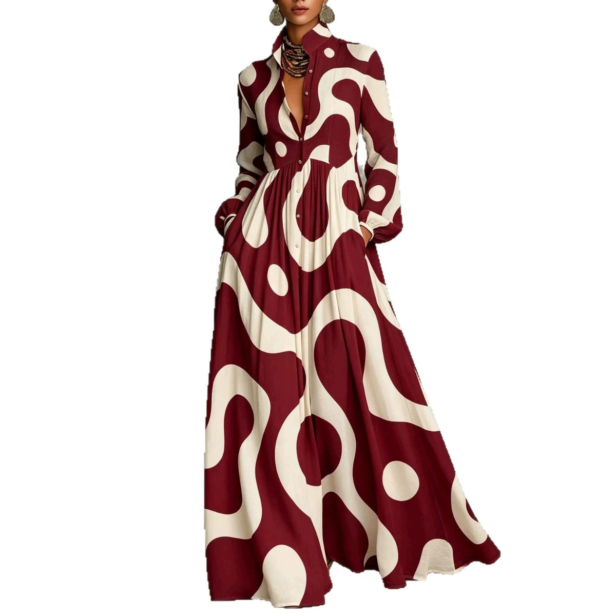Maxikleid mit Stehkragen und Vintage-Print | LuxeStyle