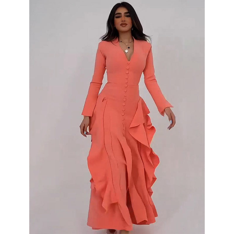 Elegantes V-Ausschnitt Maxikleid mit Rüschen – Bild 2 | LuxeStyle