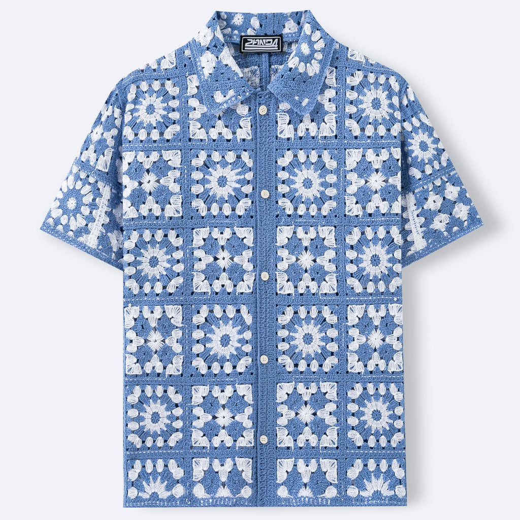 Blau-Weiss Plaid-Krakel-Oberteil Herren Kurzarm