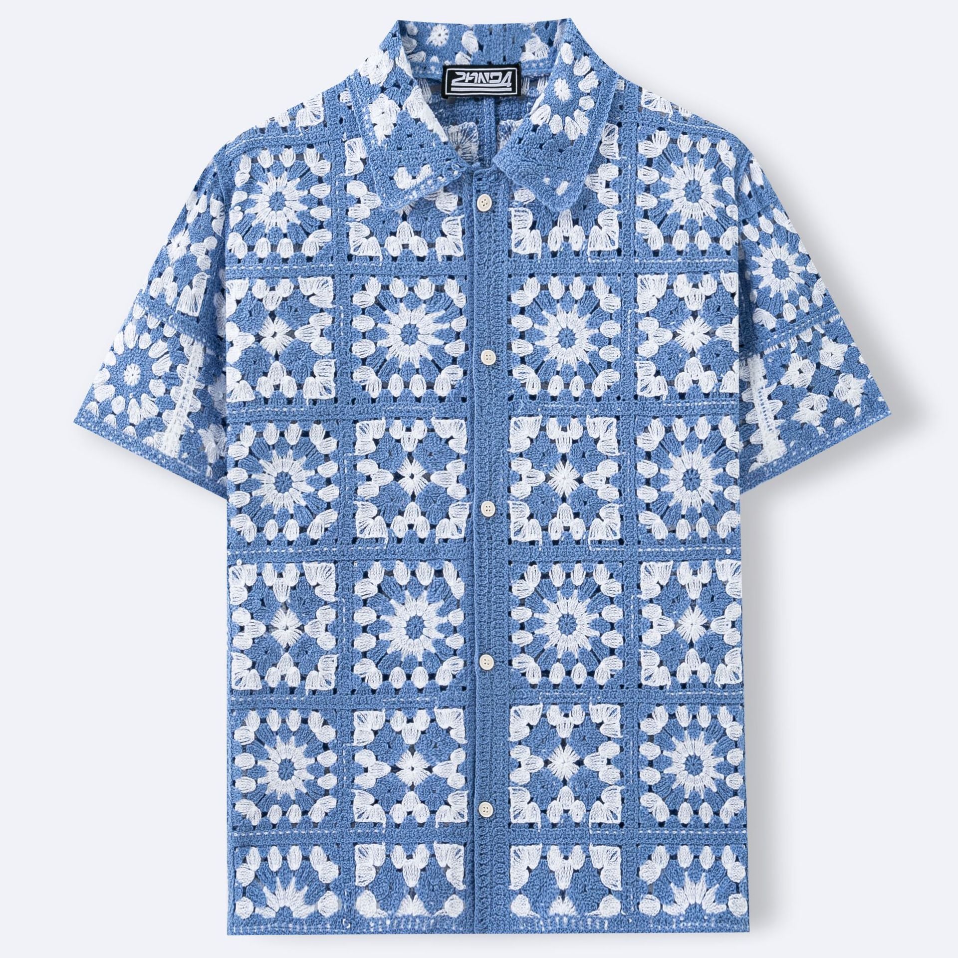 Blau-Weiss Plaid-Krakel-Oberteil Herren Kurzarm