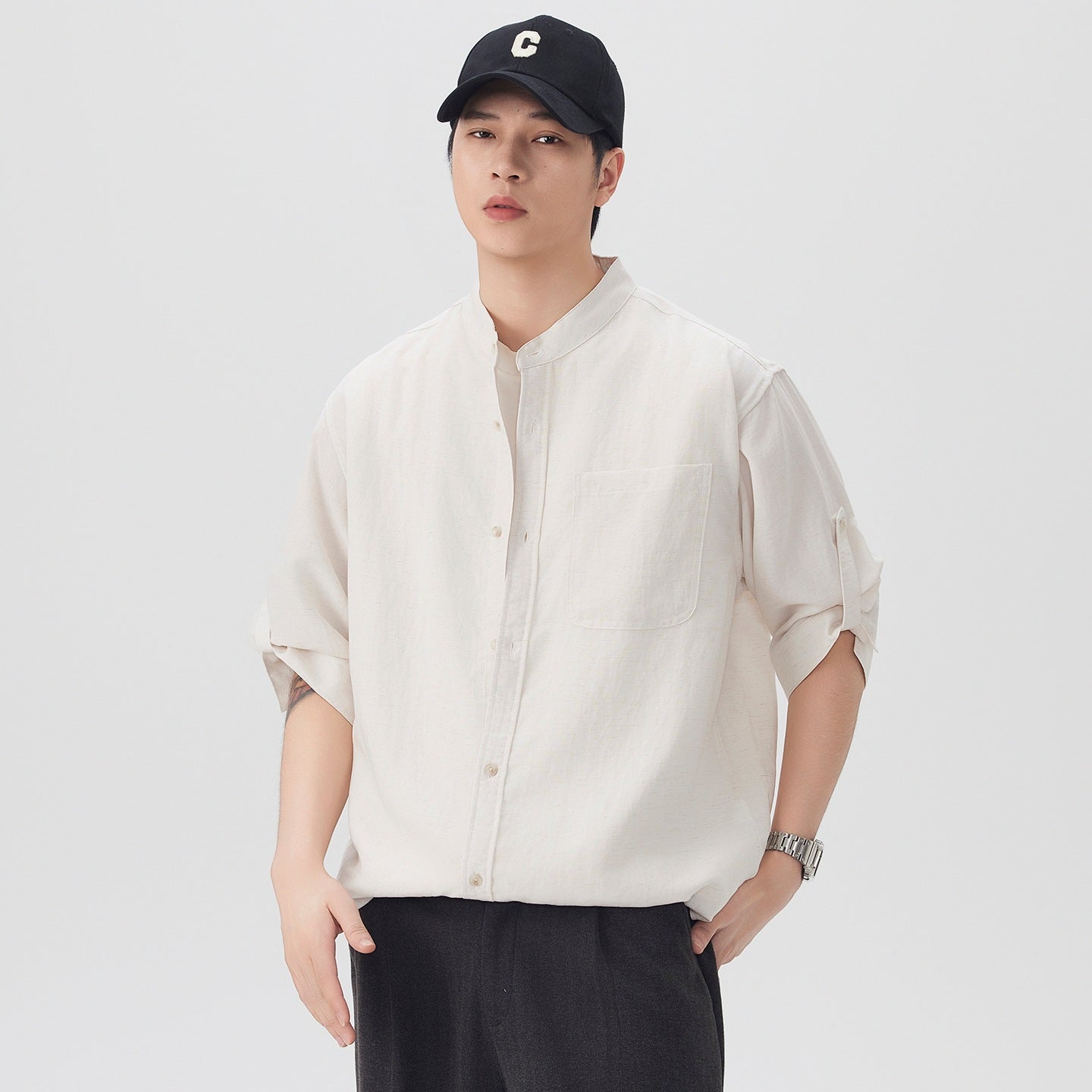 Herren Cardigan Hemd mit Stehkragen – Ansicht 8