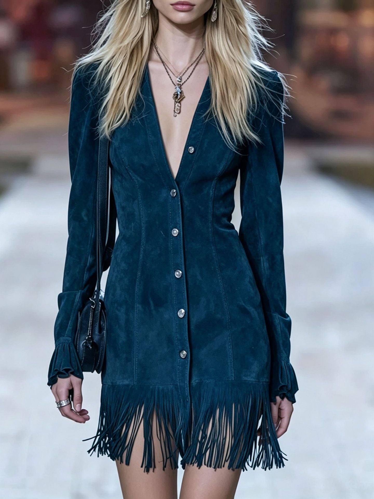 V-Ausschnitt Langarm Tassel Mini-Rock