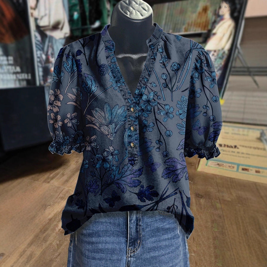 Geblümtes V-Neck Shirt mit Rüschenärmeln – Bild 2 | LuxeStyle