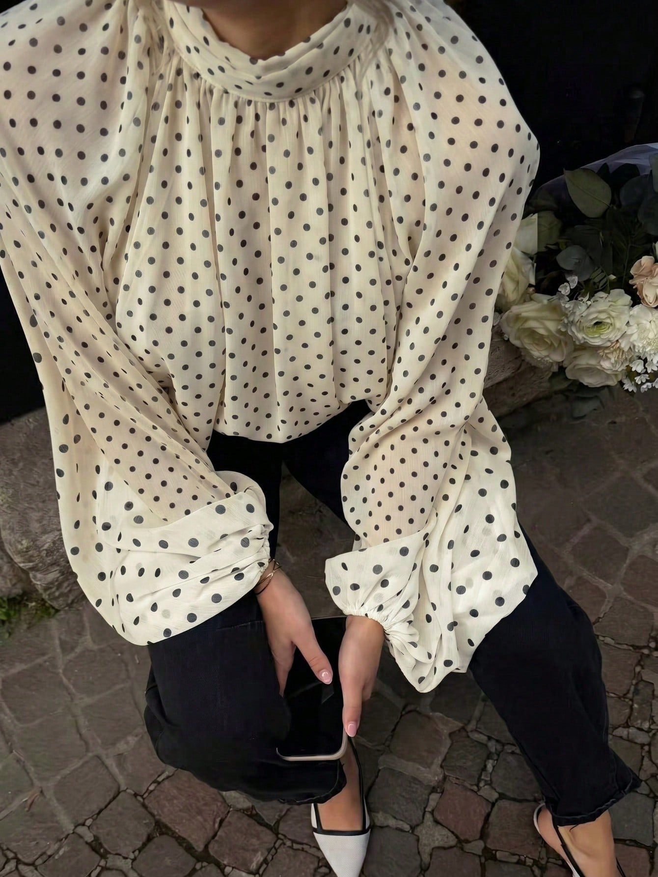 Retro Polka-Dot Langarmshirt mit Stehkragen