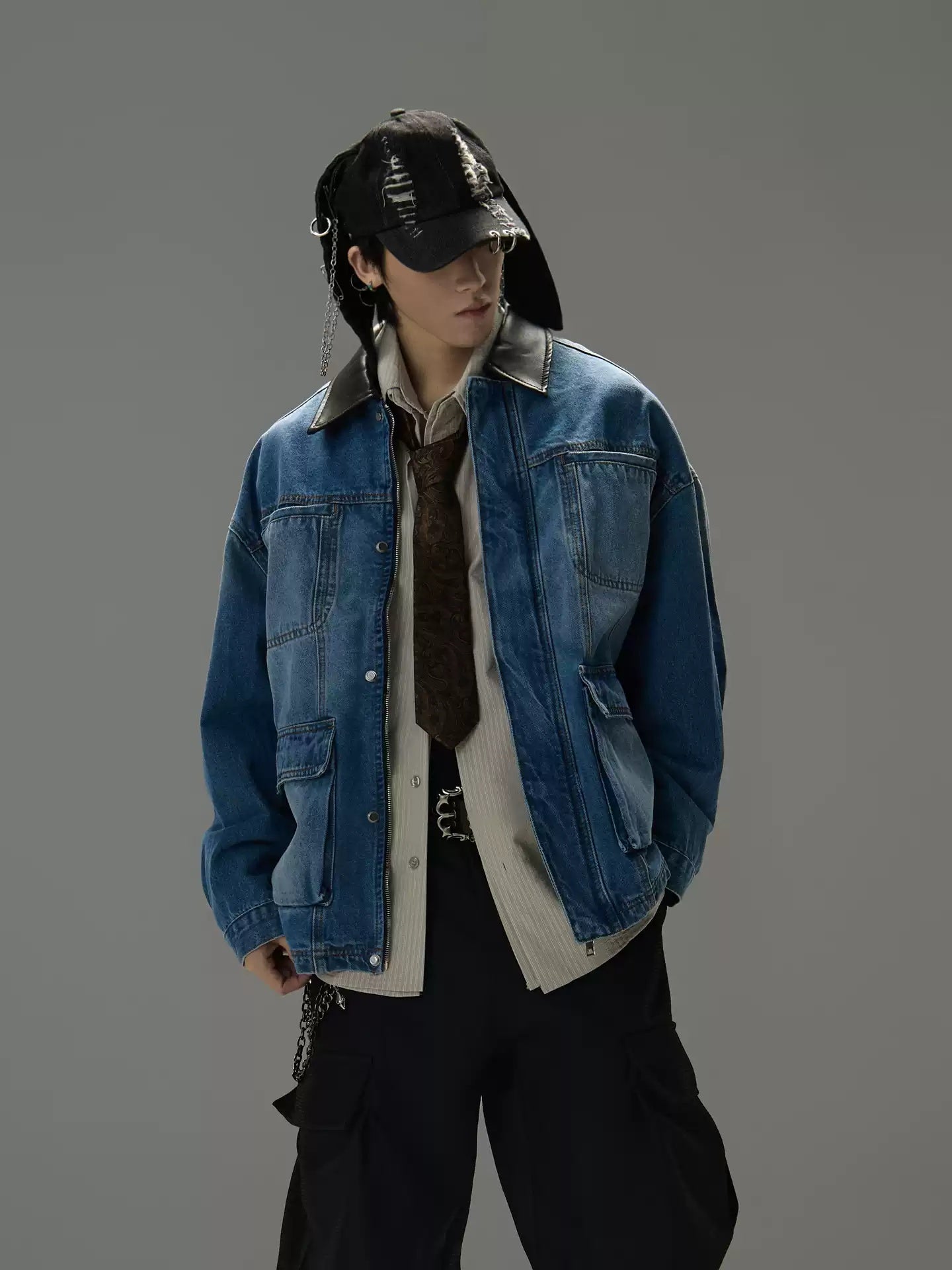 Patchwork Denim-Jacke mit Reverskragen