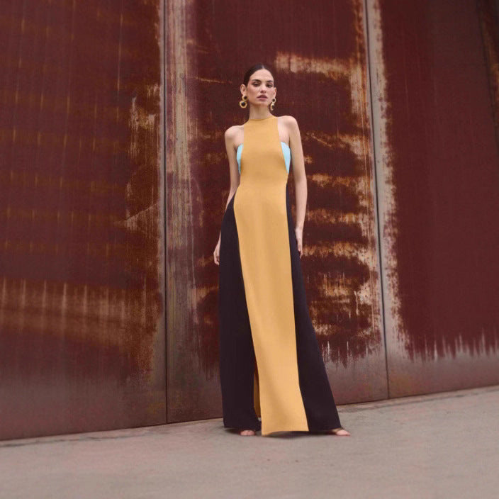 Langes Damenkleid mit Patchwork, ärmellos