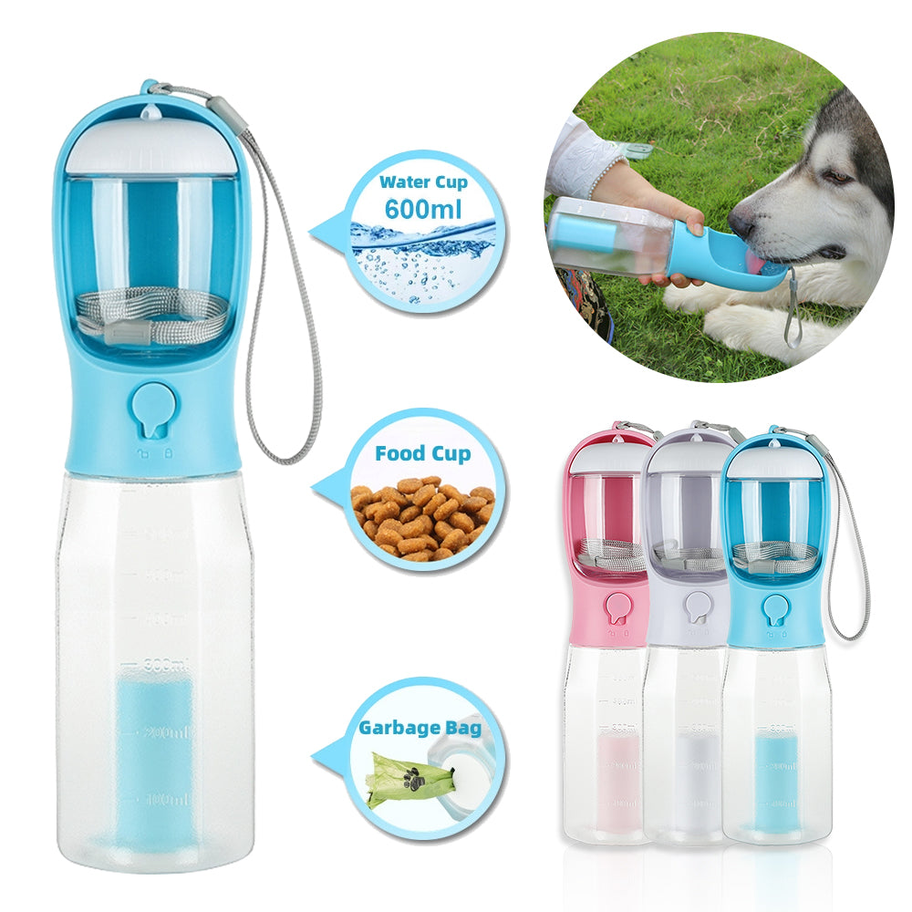 3-in-1 Trinkflasche für Haustiere mit Futter & Kotbeutel