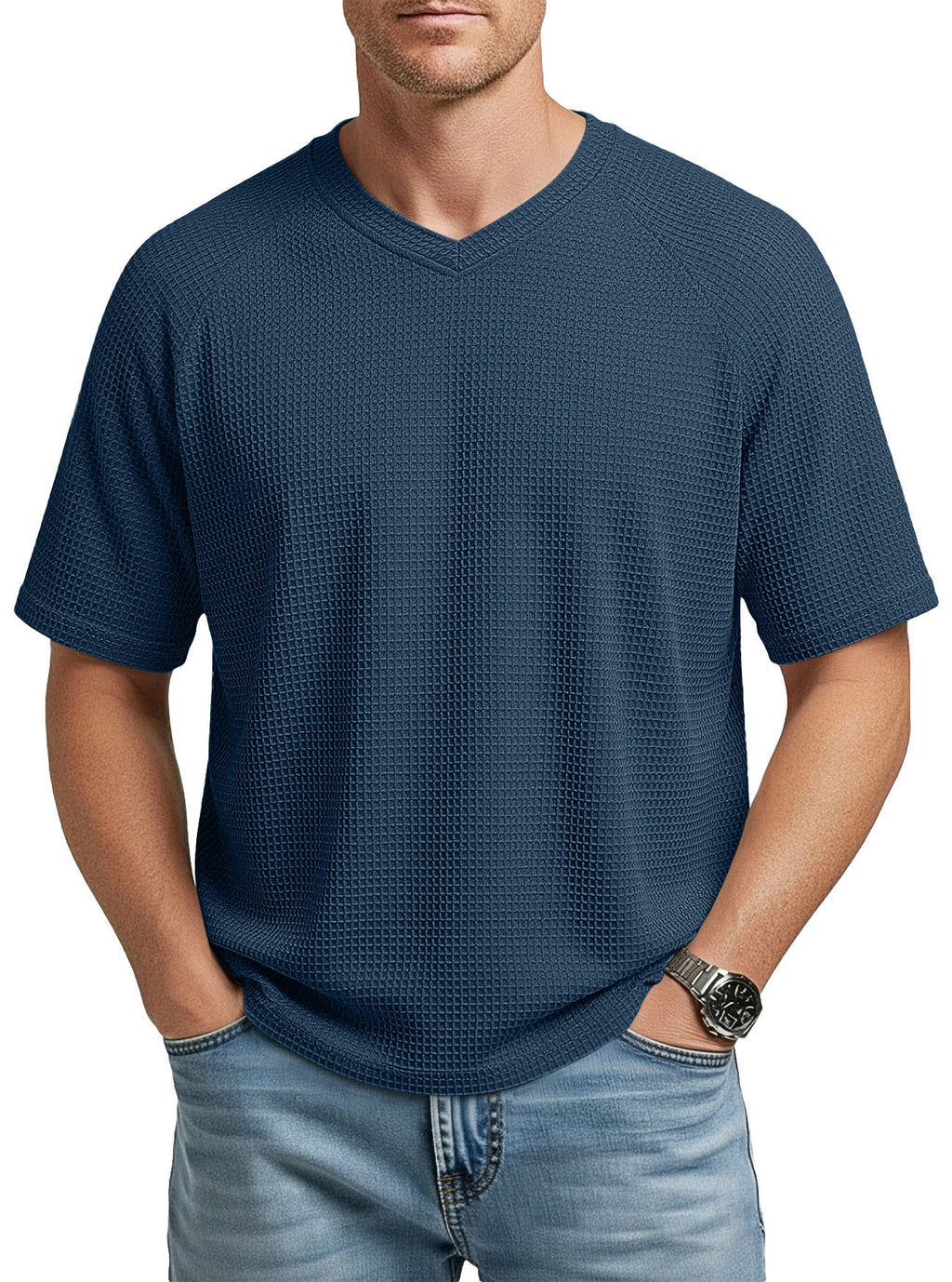 Herren V-Ausschnitt Raglan Waffelstrick T-Shirt