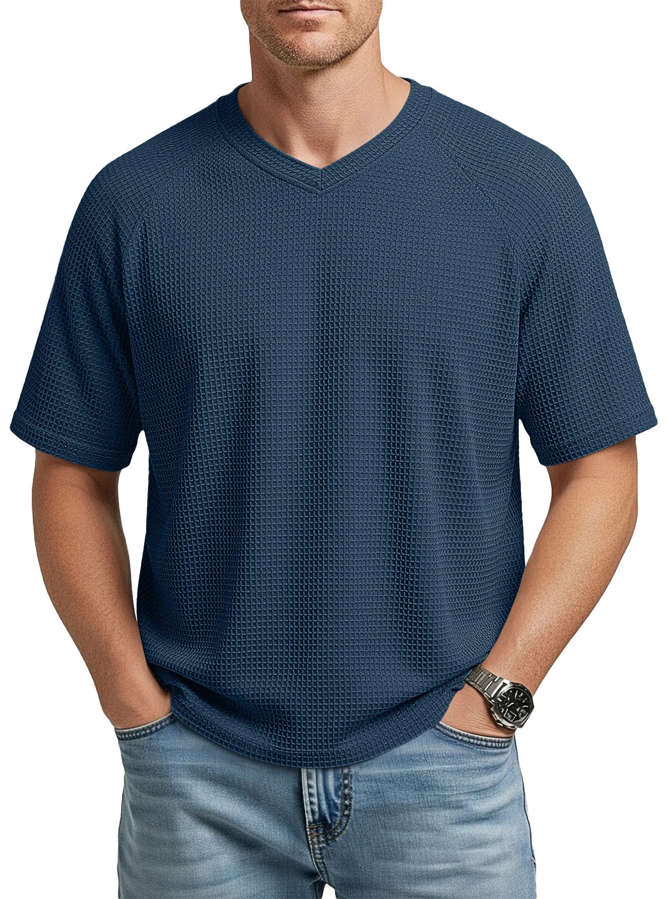 Herren V-Ausschnitt Raglan Waffelstrick T-Shirt