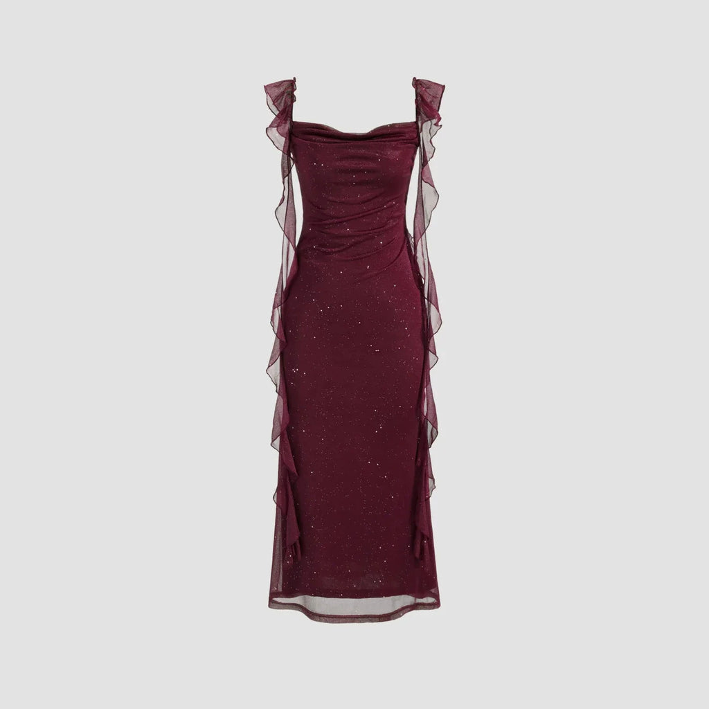 Pailletten Mesh Maxikleid mit Rüschen