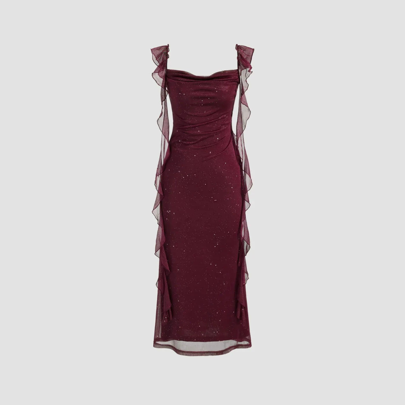 Pailletten Mesh Maxikleid mit Rüschen