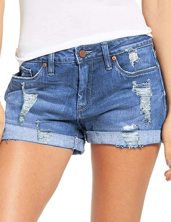 High-Waist Stretch-Denim Shorts mit Rissen