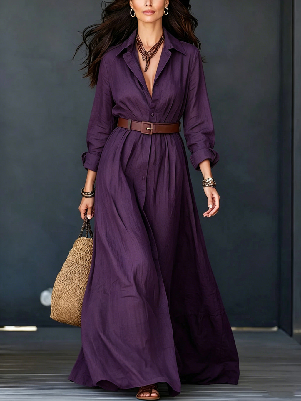 Langarm-Kleid mit Taillengürtel, elegant, lang, für Urlaub