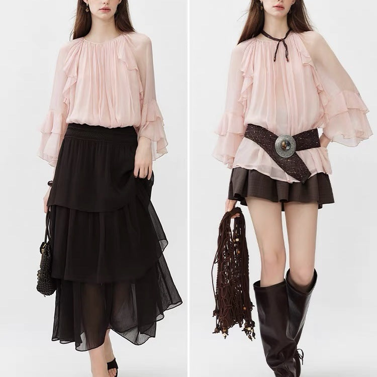 Damen Langarmshirt mit Spitzenrüschen