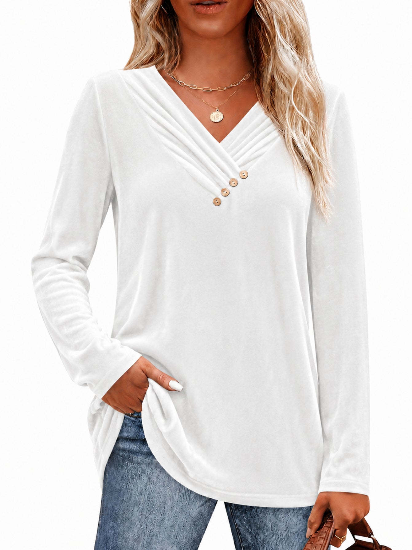 Einfarbiges Langarm-Shirt mit V-Ausschnitt für Damen