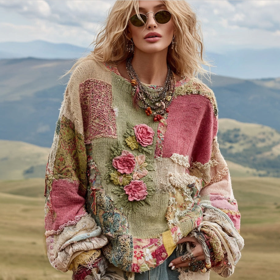 Retro Patchwork Floral Sweatshirt