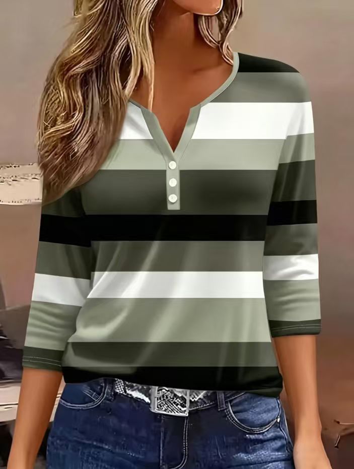 Damen V-Ausschnitt Shirt 3/4-Arm gestreift