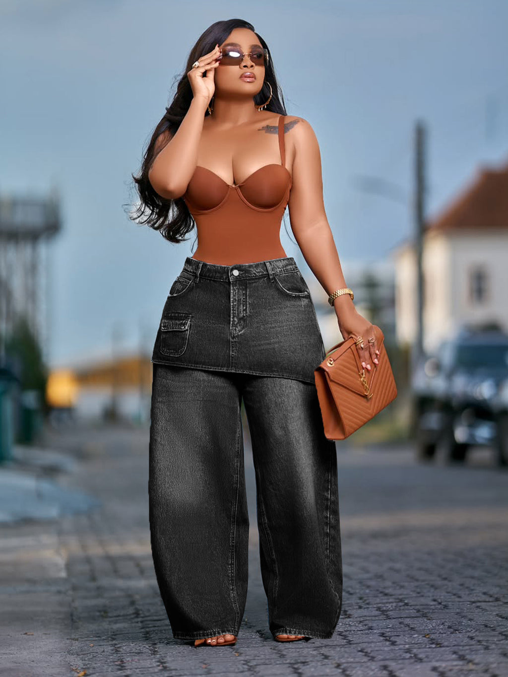 Retro Faux Two-piece Wide-leg Jeans