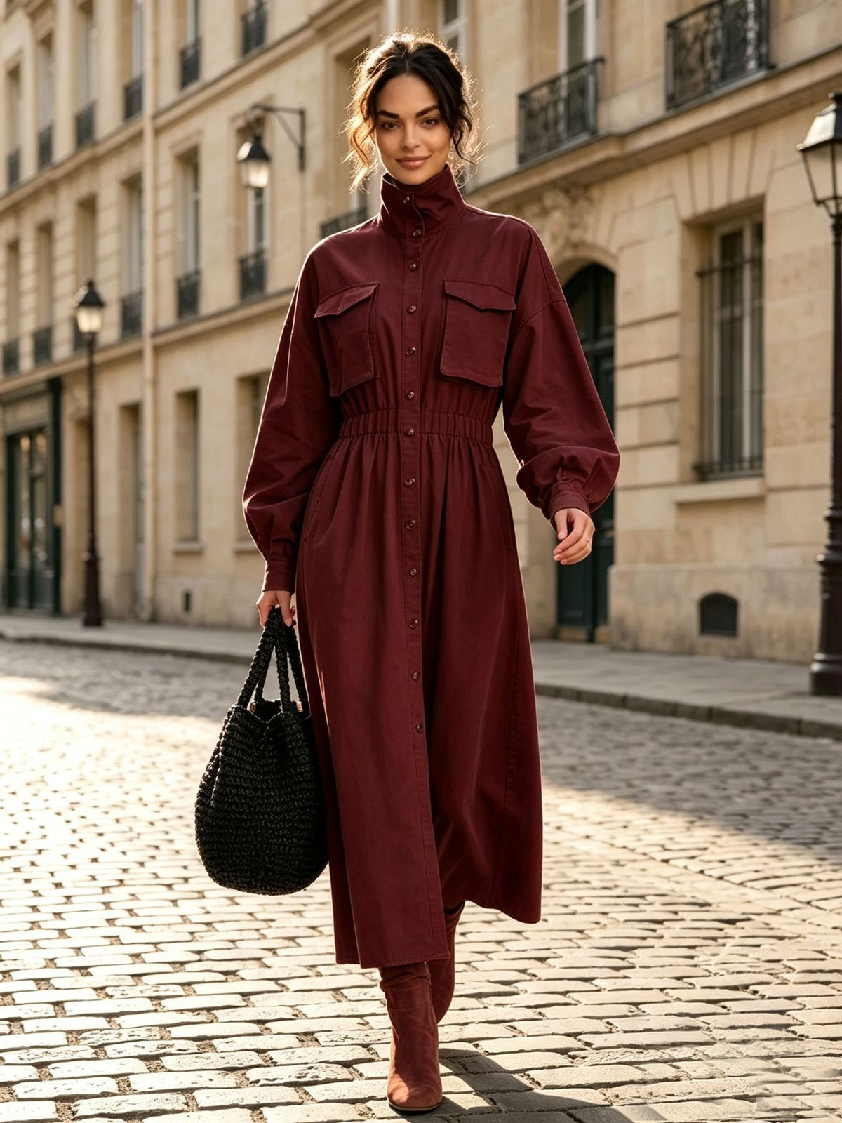 Stehkragen-Knopfkleid mit Patchwork, A-Linie – Bild 2 | LuxeStyle