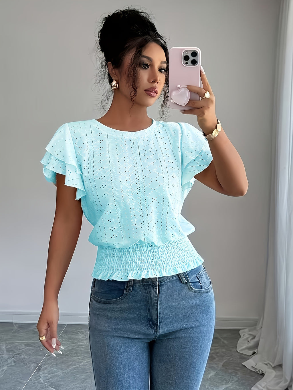 Damen Top mit Rundhals und Raffärmeln