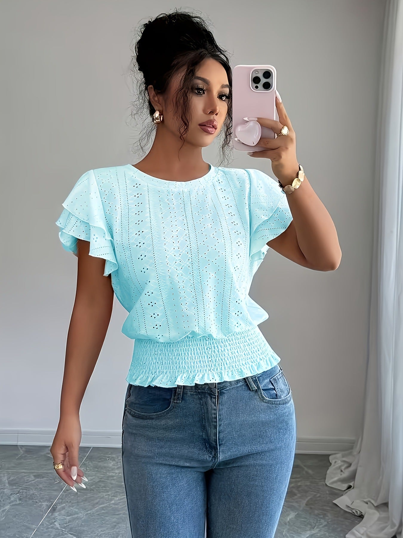 Damen Top mit Rundhals und Raffärmeln