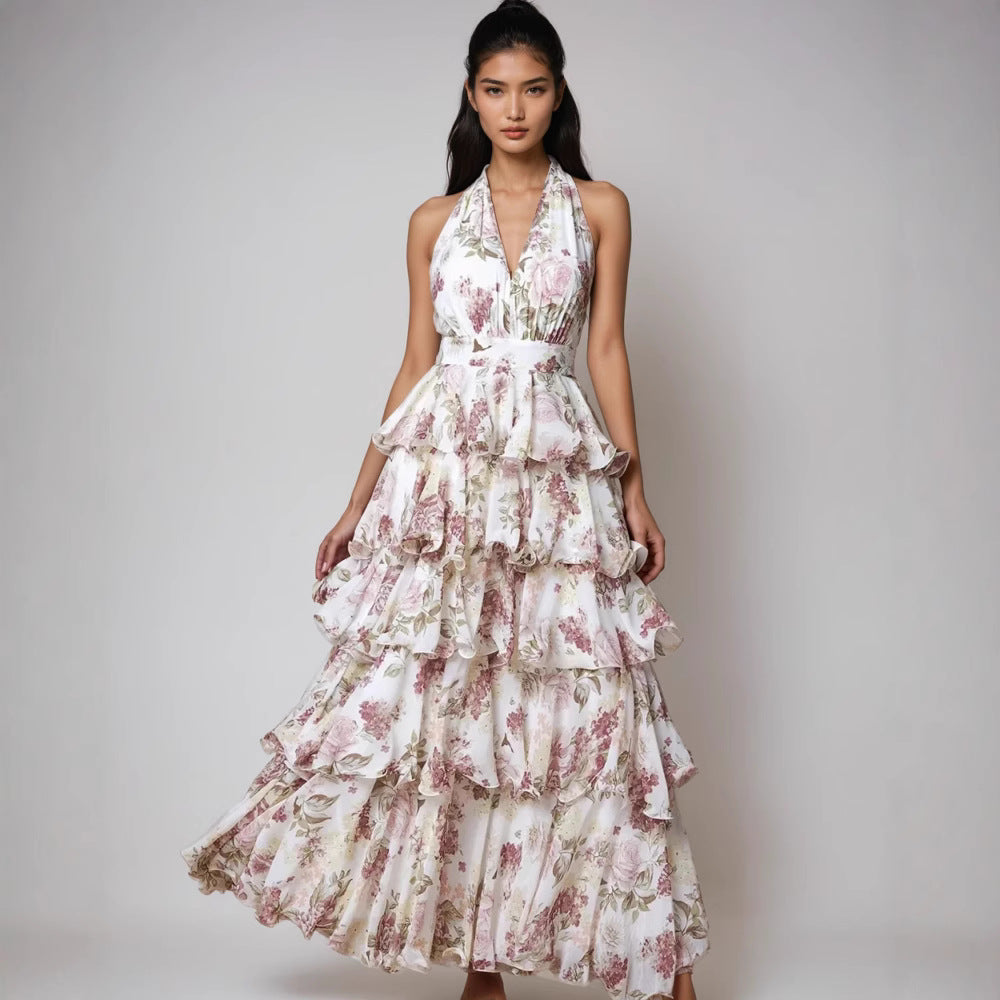 Damen V-Ausschnitt Träger Mehrlagiges Bedrucktes Kleid – Bild 3 | LuxeStyle