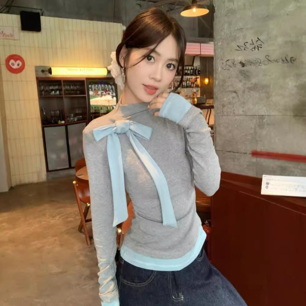Langarm-T-Shirt mit Kontrastfarbe und Schleife – Ansicht 3