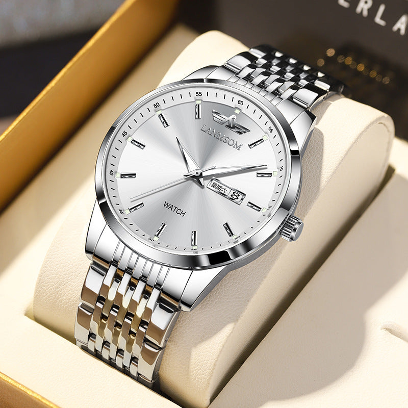 Schlankes Business Armband mit Doppeldatum, wasserdicht und automatisc