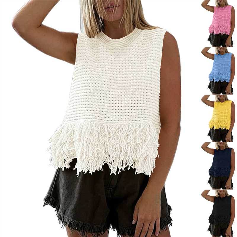 Strick-Top mit Quasten und Rundhals