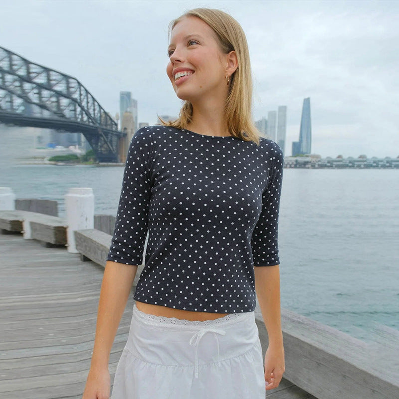 Damen Polka-Dot-Oberteil mit Dreiviertelarm