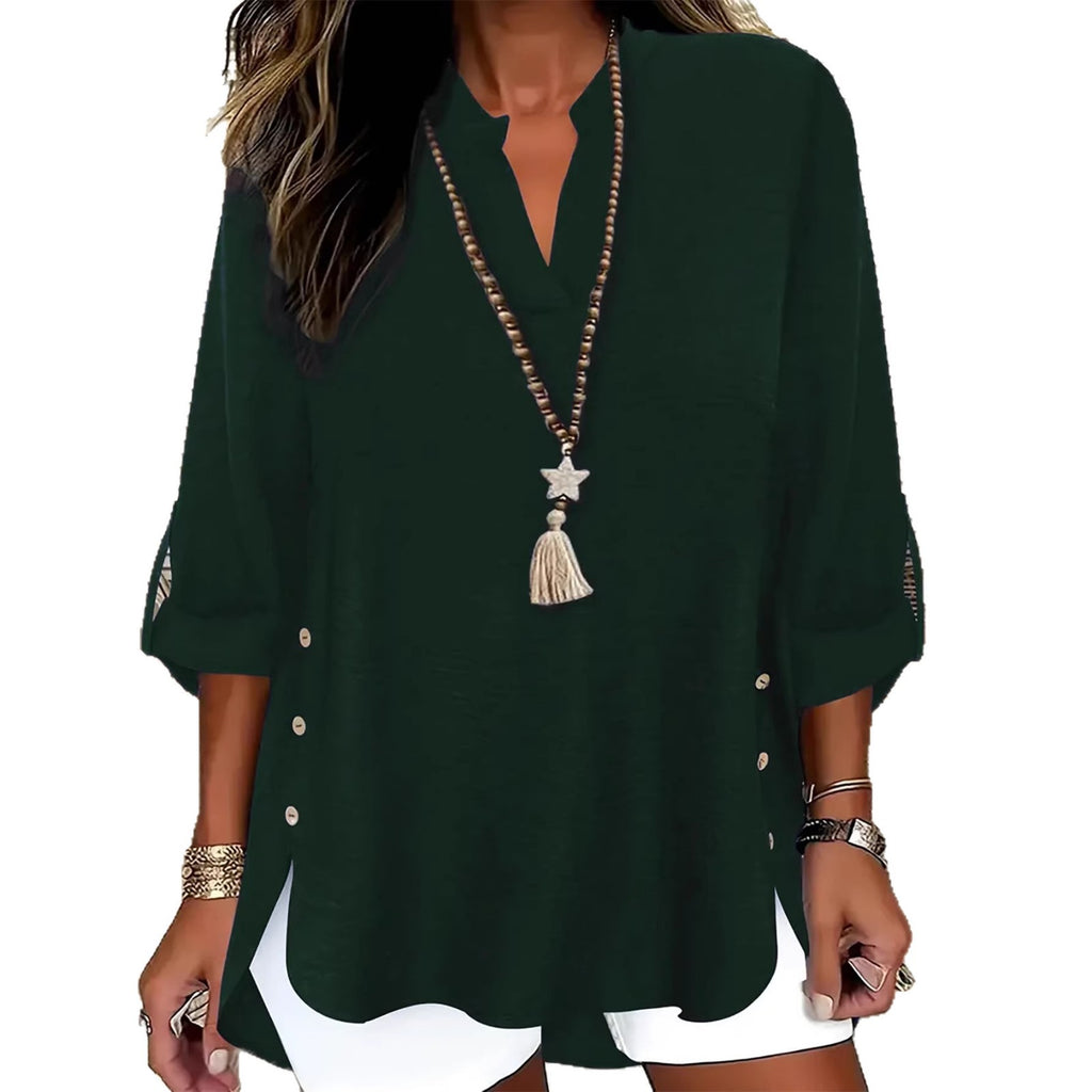 Damen-Button-Up-Shirt, V-Ausschnitt, 3/4-Arm, Plus-Size, Khaki/Grün