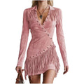 Western Denim Suede Quasten Slim-Fit Langarmkleid