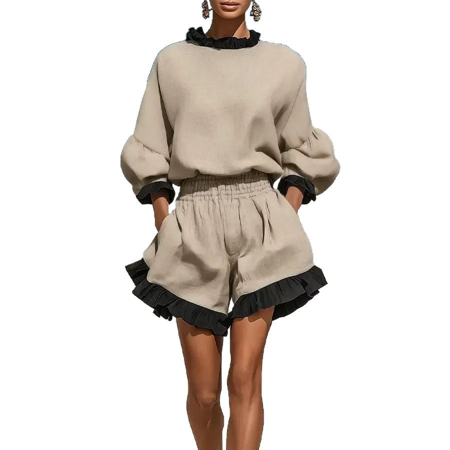 Elegantes Langarm-Top & High-Waist Shorts Set