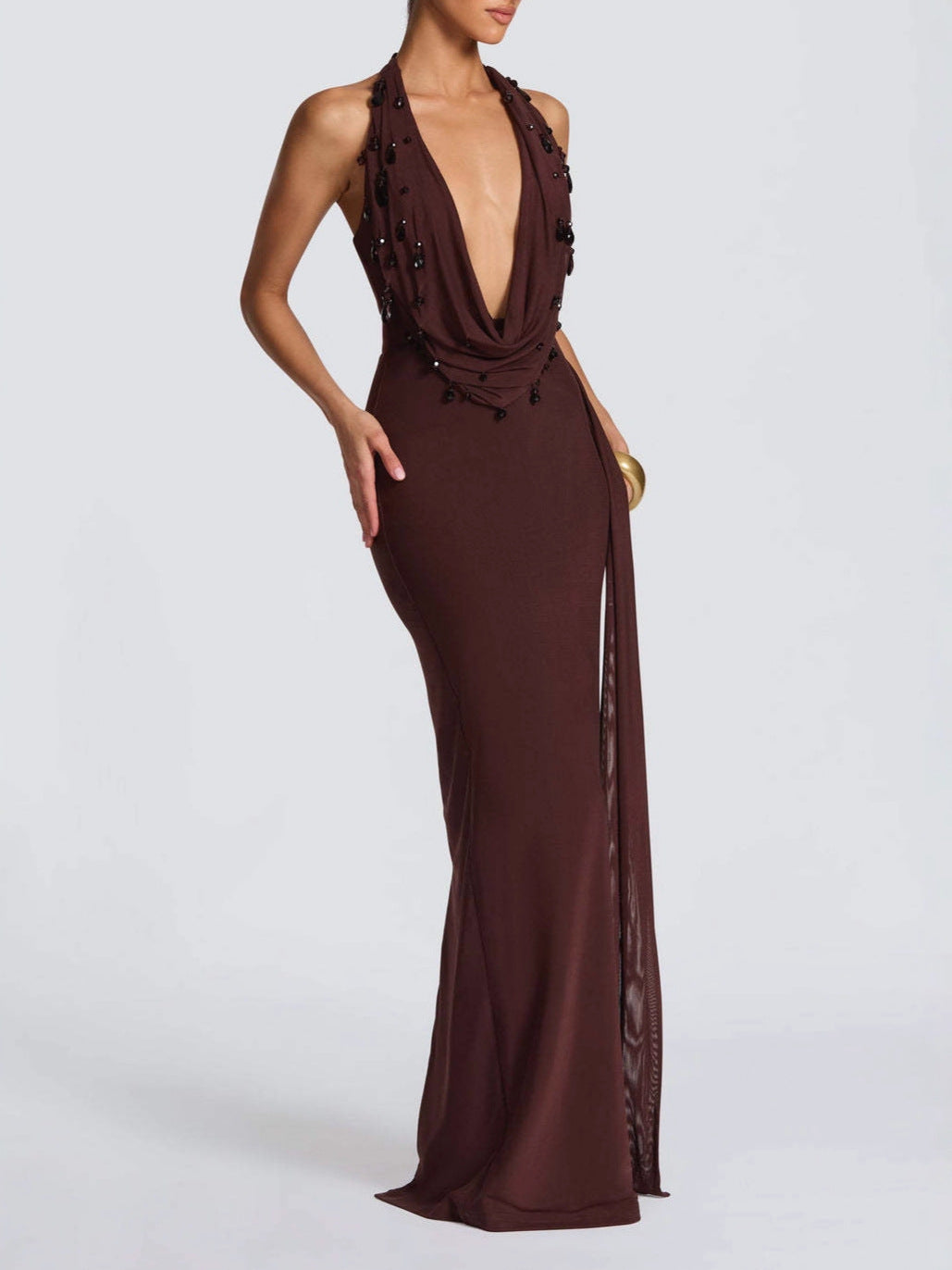 Kleid mit V-Ausschnitt und Rüschenschlitz – Bild 3 | LuxeStyle
