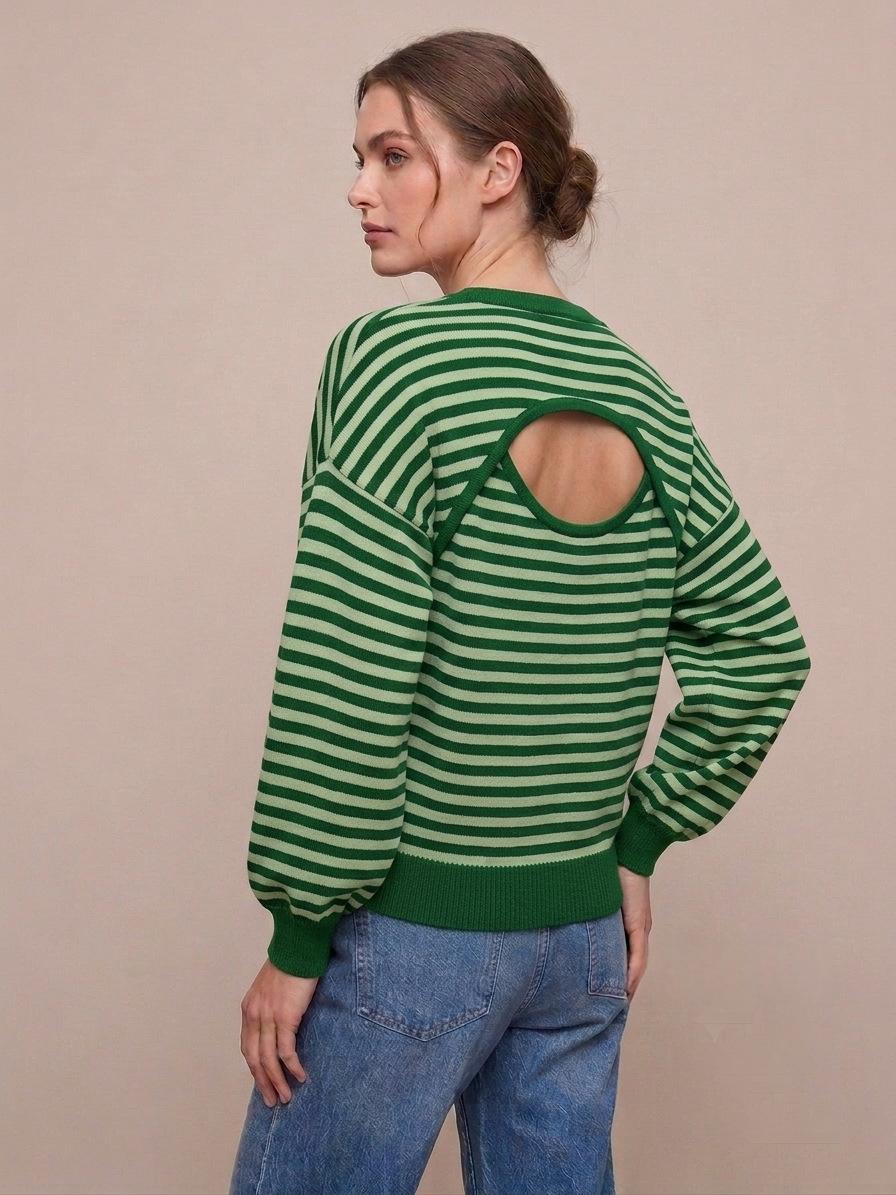 Rückenfreier gestreifter Color-Block Langarmstrickpullover