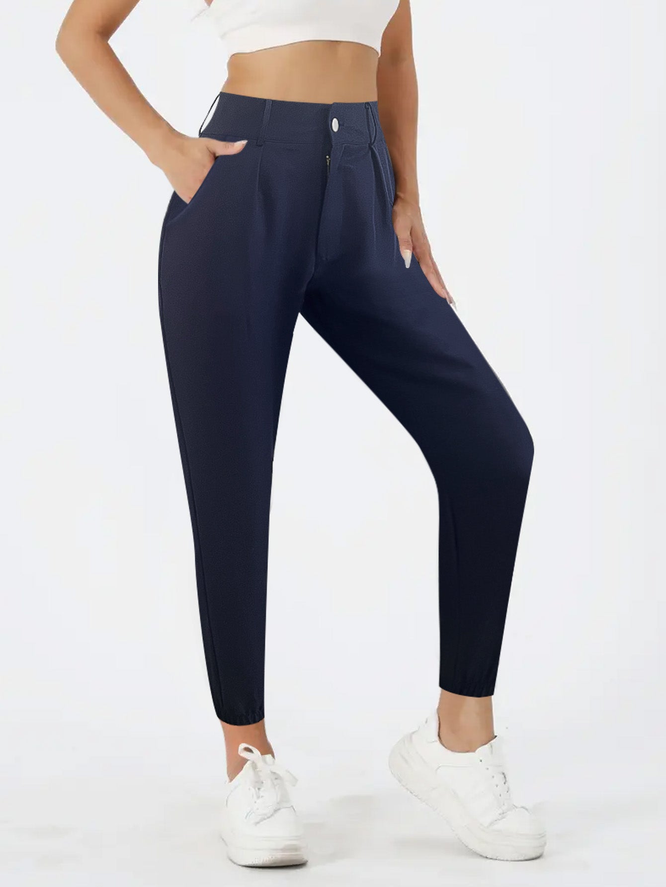 High Waist Button-Fly Jogger Pants mit Taschen