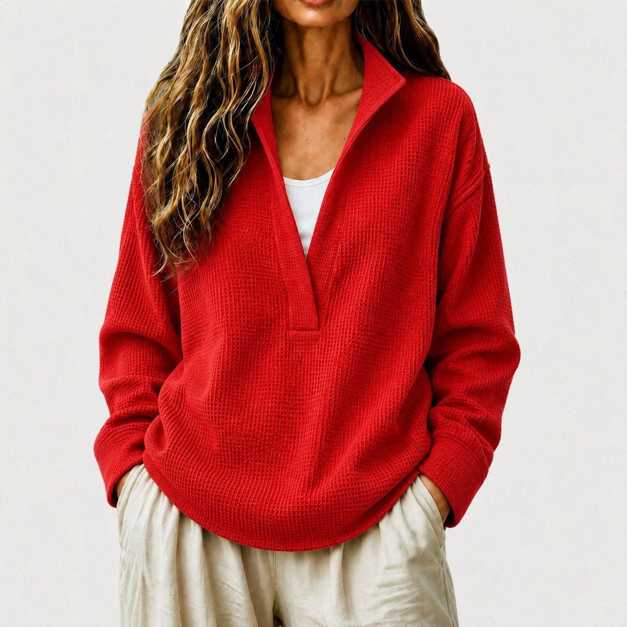 Waffelstrick V-Ausschnitt Langarm-Sweatshirt