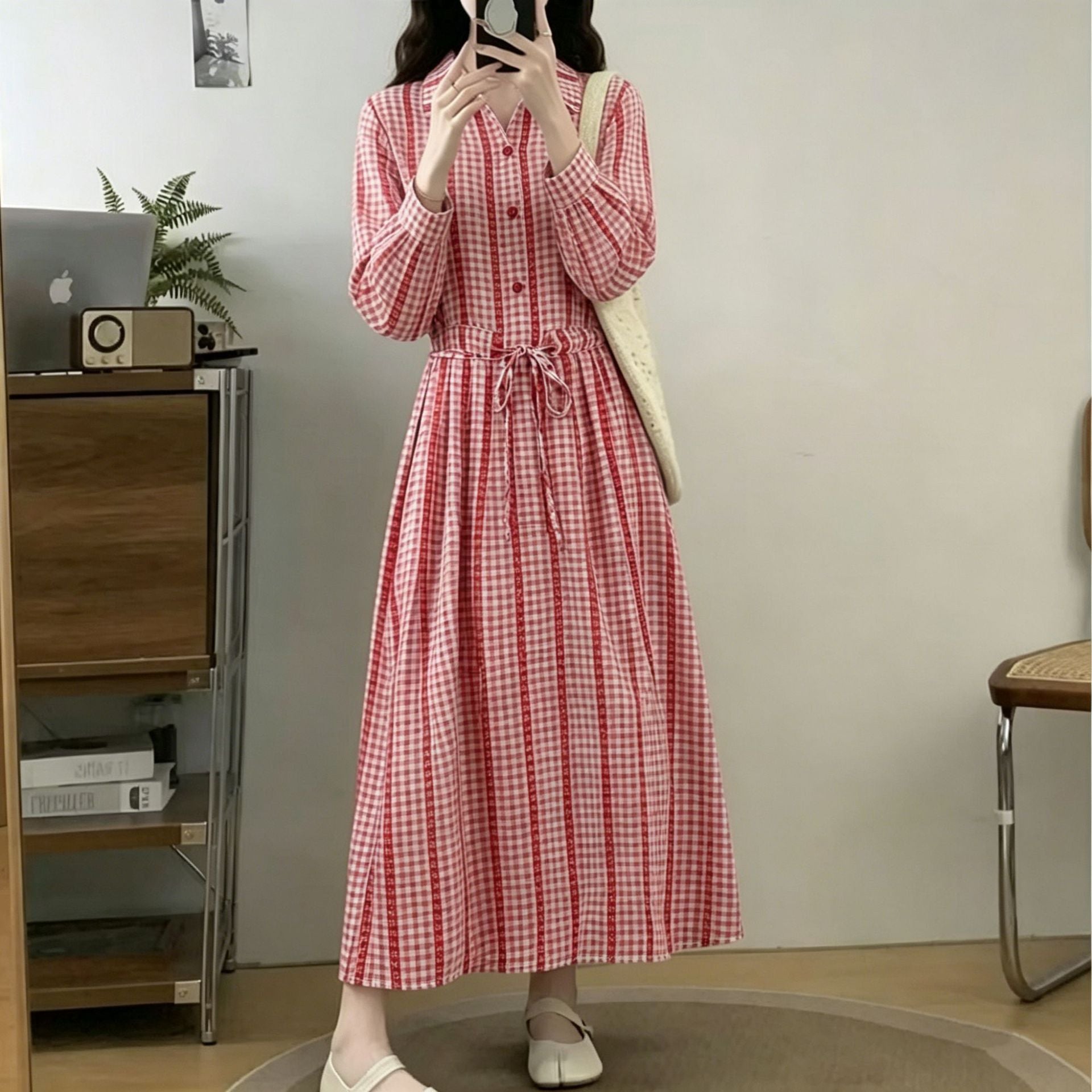 Elegantes A-Linien Hemdblusenkleid mit Karomuster