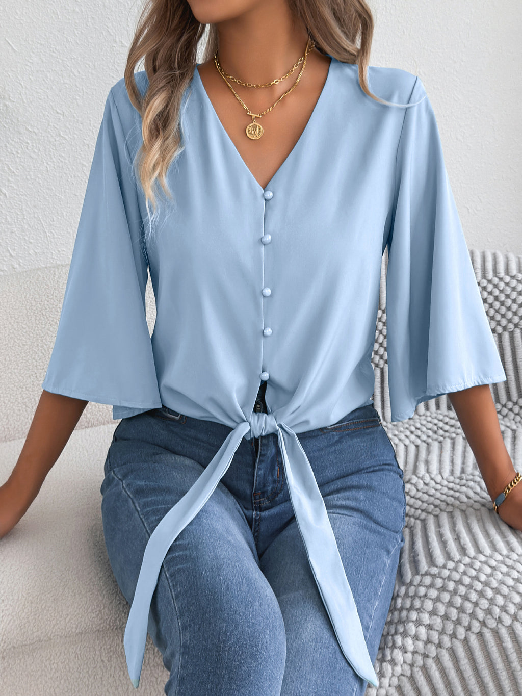 V-Ausschnitt Top mit 3/4-Ärmeln – Bild 9 | LuxeStyle