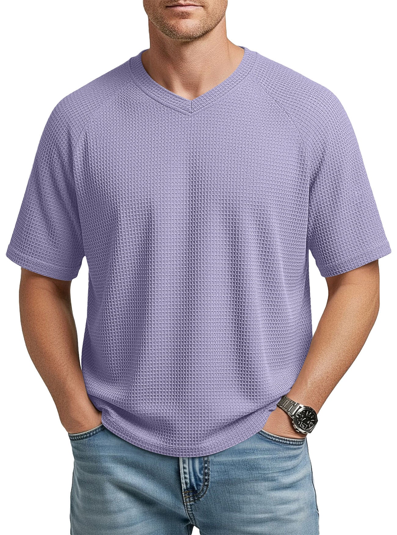 Herren V-Ausschnitt Raglan Waffelstrick T-Shirt