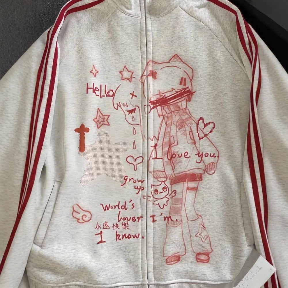 Gestreifter Anime-Print Hoodie mit Reissverschluss