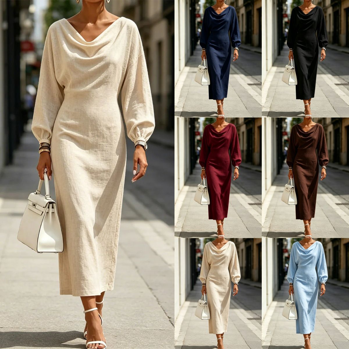 Elegantes Midi-Kleid mit A-Linie und Puffärmeln – Bild 9 | LuxeStyle