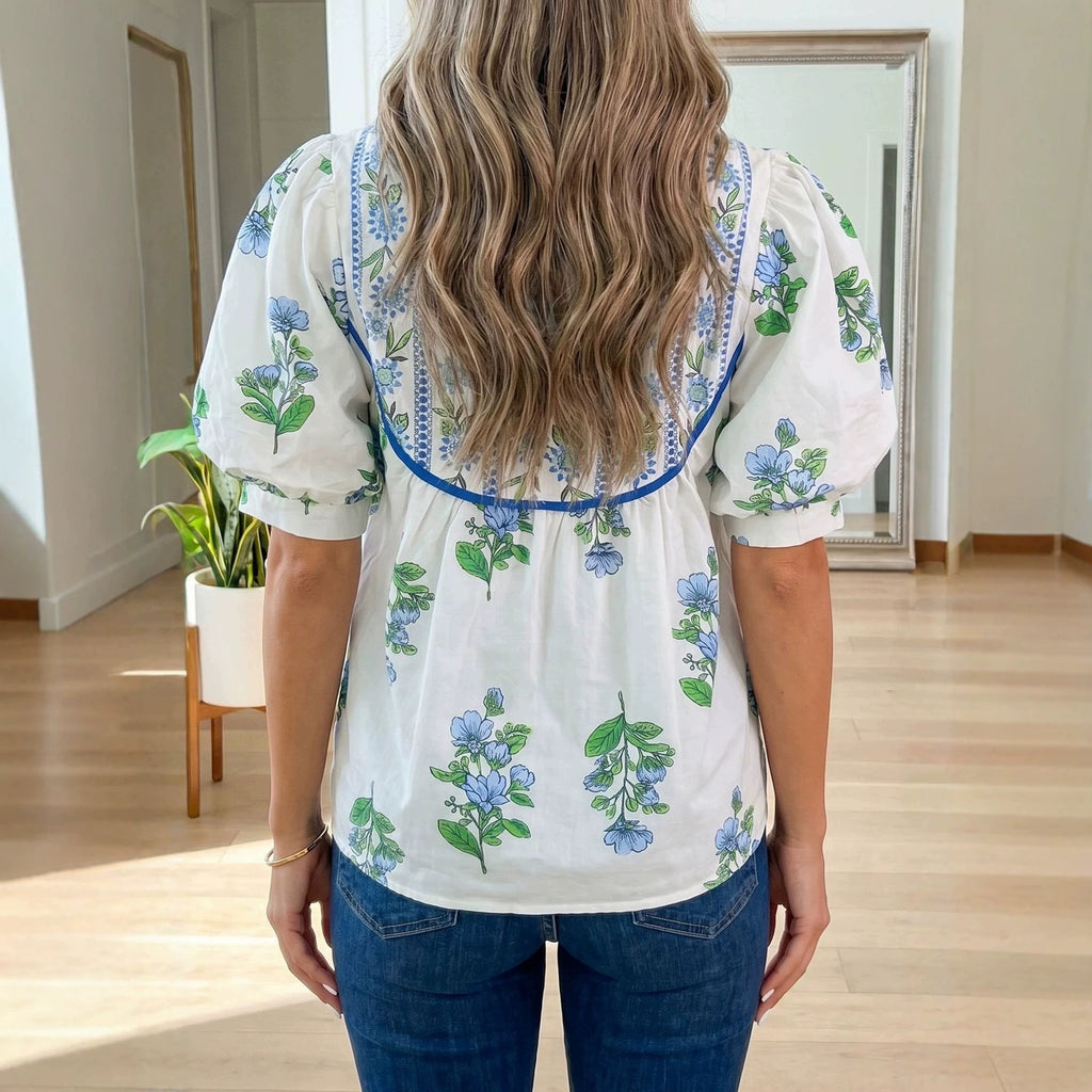 Elegante Bluse mit Laternenärmeln und Blumenmuster