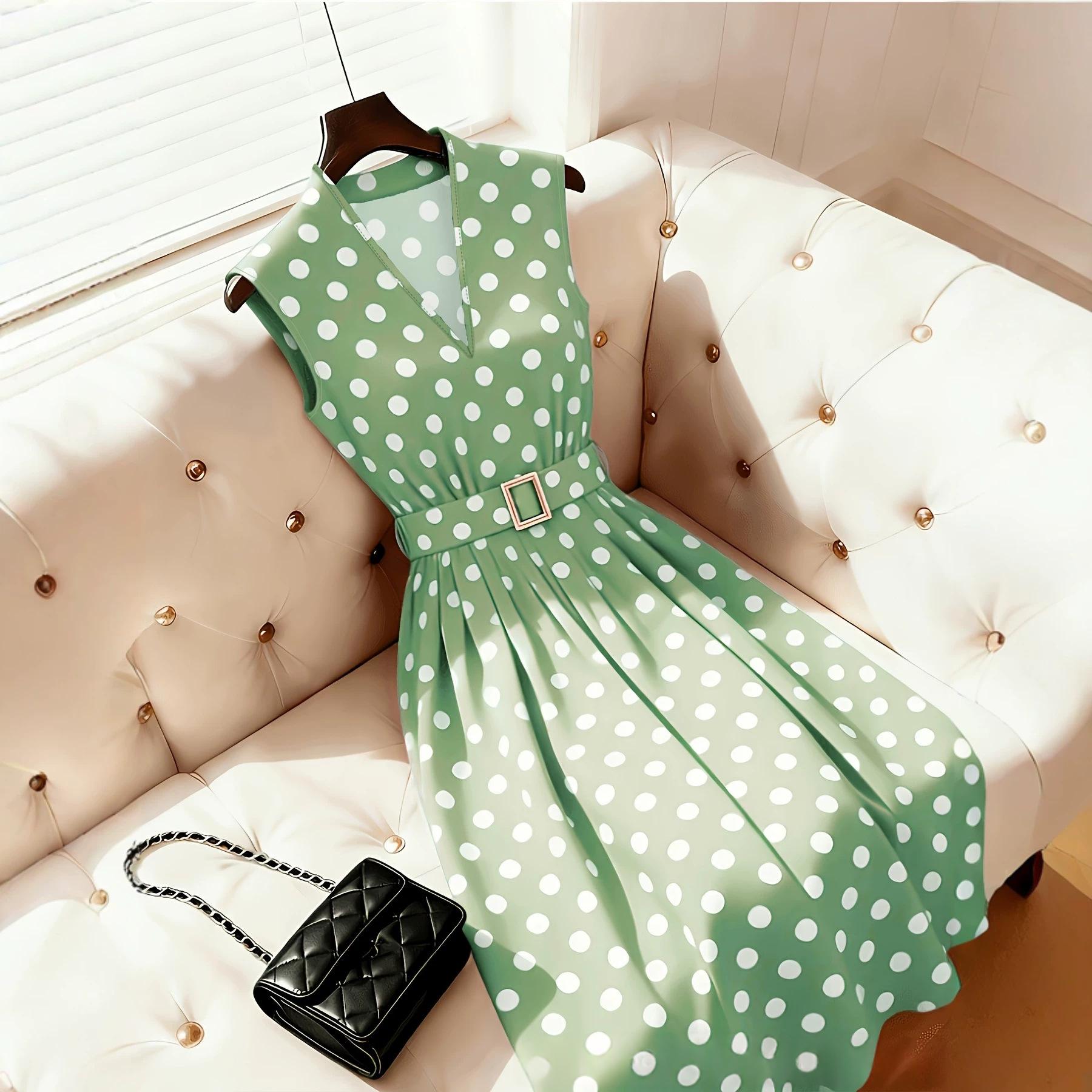 Punktiertes Midi-Kleid mit Gürtel