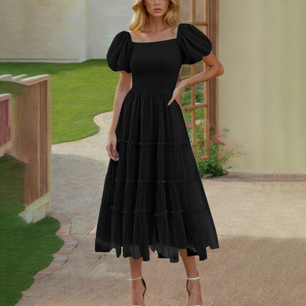 Gerüschtes langes Mesh-Kleid mit eckigem Ausschnitt – Bild 12 | LuxeStyle
