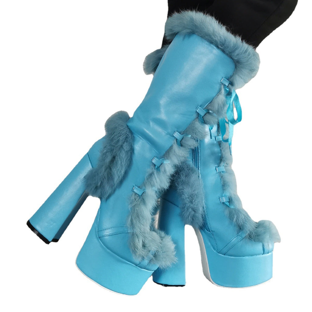 Fuzzy Damen-Stiefel mit Chunky-Absatz